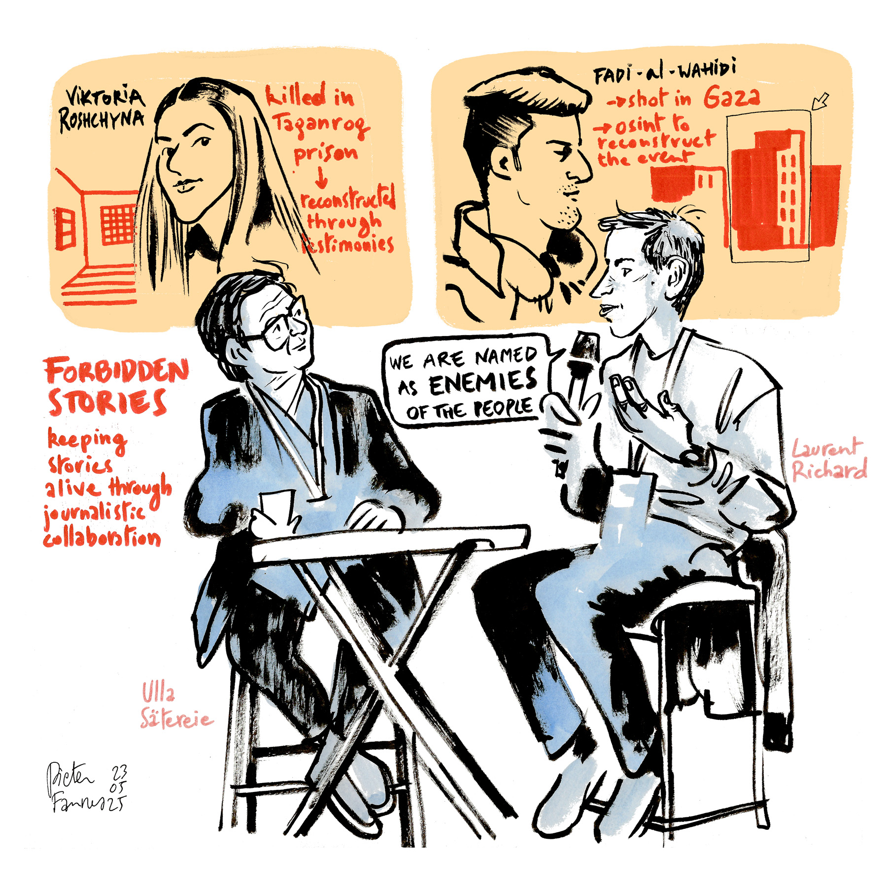 An illustration of the Dataharvest 2025 keynote, showing Ulla Sätereie interviewing Laurent Richard. Illustrations of the subjects they discussed, such as murdered journalist Viktoriia Roshchyna, surround an illustration of the two seated and talking, with Laurent holding a microphone.