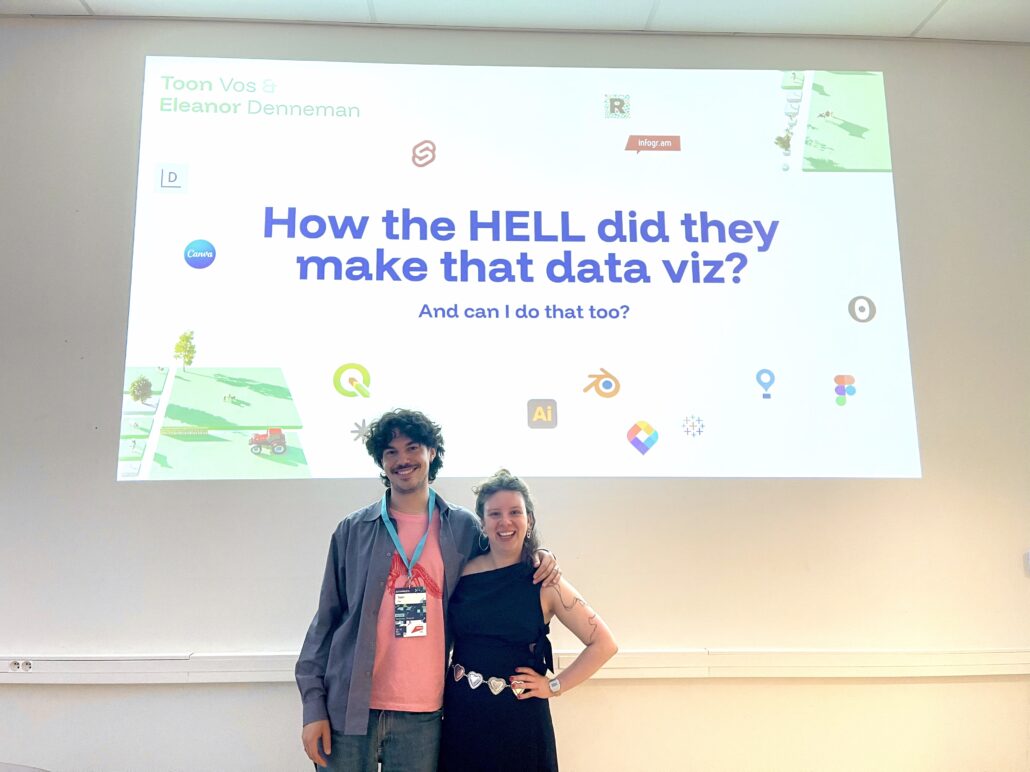 Two journalists pose in front of a powerpoint slide that reads "How the HELL did they make that data viz? And can I do that too?"