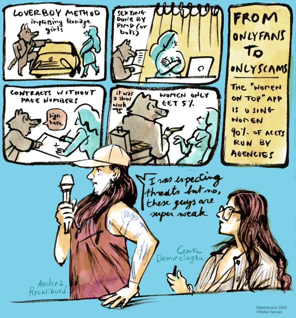An illustration showing two journalists at Dataharvest presenting their work to a crowd, with annotations, an a representation of their slideshow on the wall behind them.
